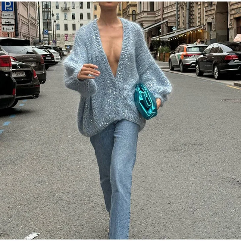 

Deep V-neck Sequined Woolen Cardigan Fashionable Women's Long Sleeved Sexy Party Sweater for Outerwear