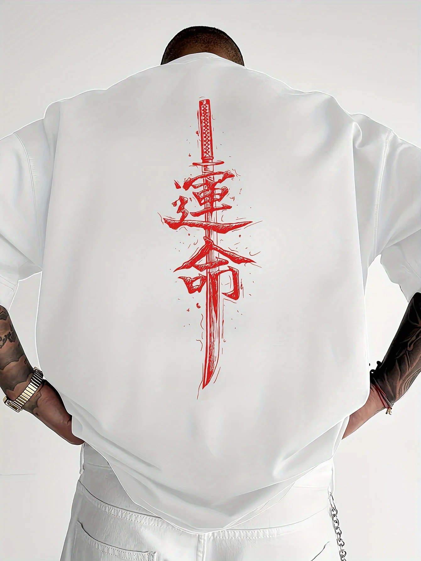 Camiseta de hombre con estampado de espada y kanji del destino japonés, 100% algodón suave de primera calidad, perfecta para ropa de calle de verano y estilo informal