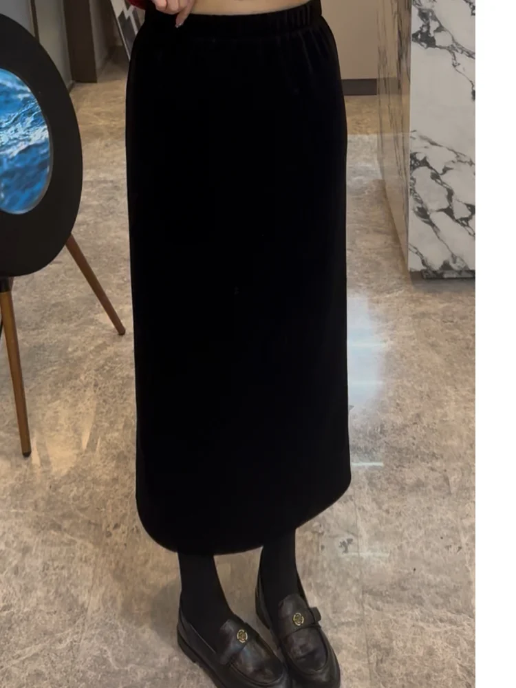 

Платье-миди Xuanxuanchen из черного бархата с флисовой подкладкой, женское, для города, с завышенной талией, А-силуэт