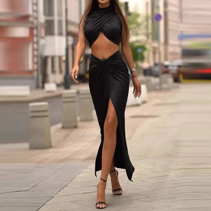 Sexy Crop Tops & High Waist Split Skirt Streetwear Fashion Vest Long Skirt Beach Vacation Suit Elegant Solid Pleated Twist 2PC Set