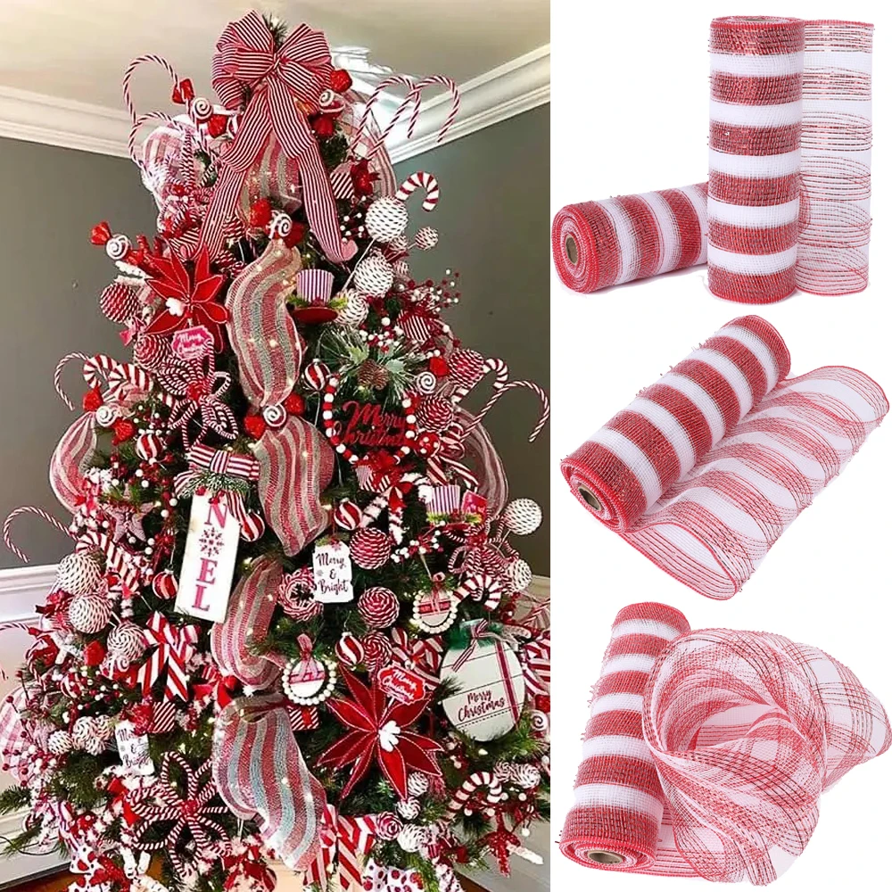 

10yards 26cm Christmas Ribbon Red White Stripe Mesh Ribbon Wedding Party Xmas Decoration Flower Gift Packing Home Decor Navidad