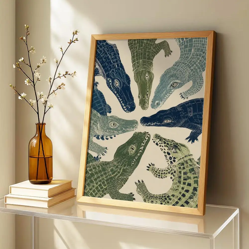 Crocodile Alligator Blue Green Reptile Painting Calligraphy Canvas Poster for Bedroom Living Room Home Decor Wall Decals Gift