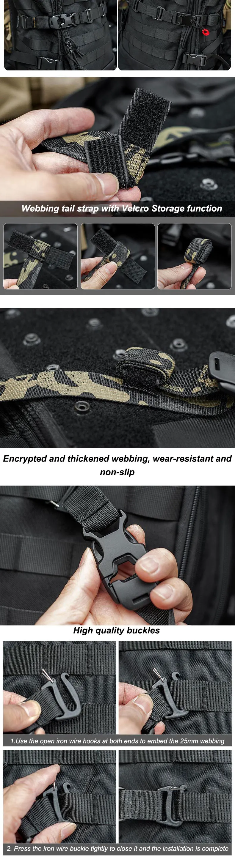 MOLLE-Gurte mit Schnallenclips, Kompressionsgurte für Taktische Ausrüstung, Outdoor-Rucksack-Zubehör, Gepäckgurte, Werkzeuggurte – Detail 3