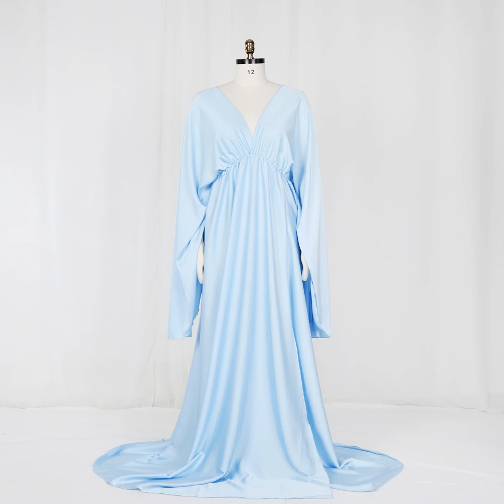 Umstands kleider für Fotoshooting Himmelblau elegantes Satin Langarm kleid Baby party kleid Fotografie Kleid für Frauen