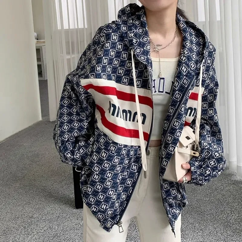 Spring Summer Thin Money Hooded Sunscreen Coat 2024 New Fashion Loose Letter Printing Jacket Sunscreen Shirt Outerwear Female