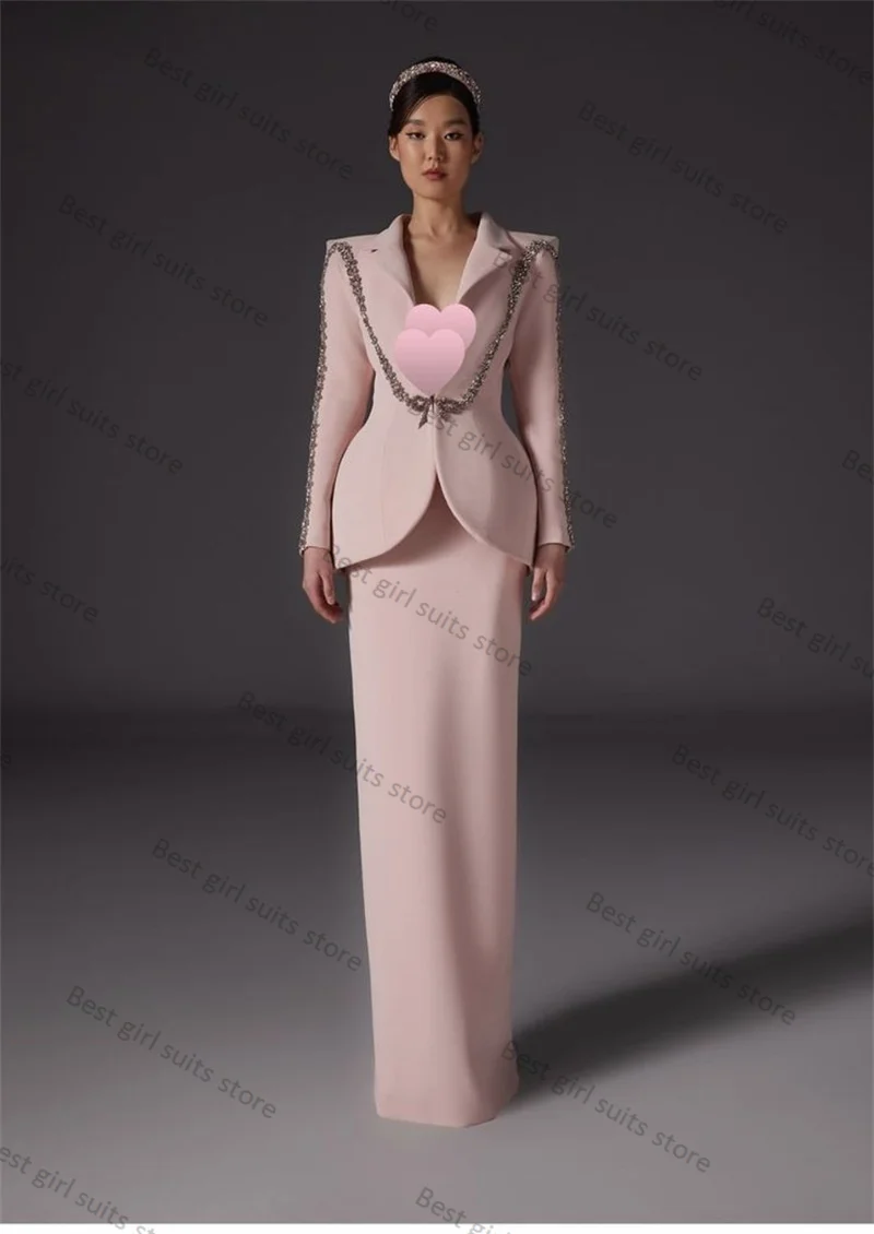 

Crystals Pink Women Suit Skirt Set 2 Piece Blazer+Midi Prom Dress Formal Office Lady Jacket Customized Cotton Party Coat Outfit