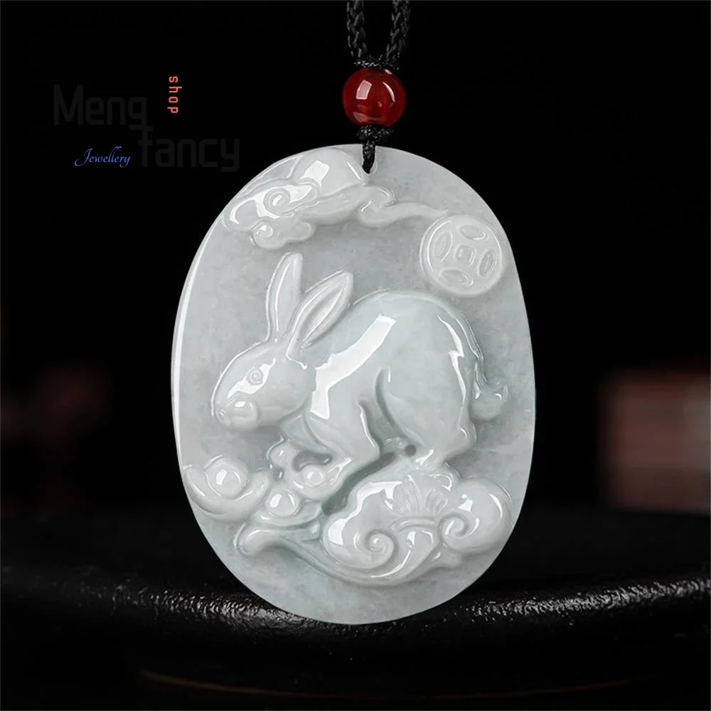 

Natural Myanmar A-goods Jadeite Zodiac Rabbit Promising Future Jade Pendant Simple Fashion Mascots Handicraft Charm Fine Jewelry