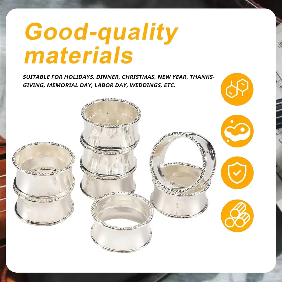 8 Pcs Silver Zinc alloy Beaded Napkin Ring Delicate Napkin Buckle for Wedding Dinner Party Banquet Table Decor