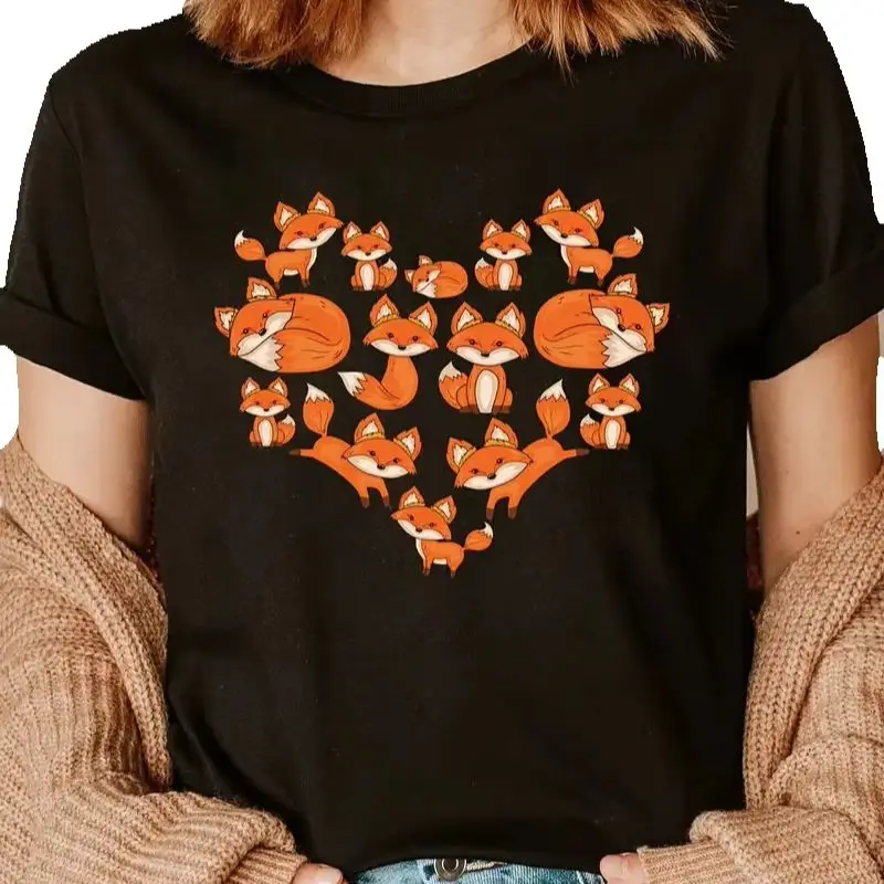 Cotton 100% European and American Plant Flower Heart-shaped Printed Round-neck Short-sleeved T-shirt for Women's Wear Summer