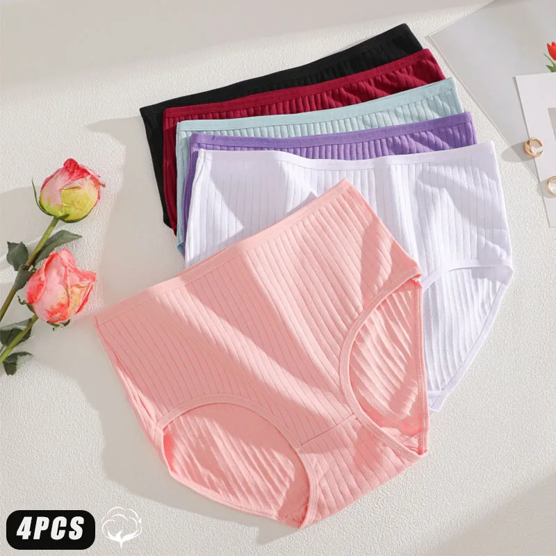 4 pezzi di cotone elasticità biancheria intima a vita alta slip a righe per donna pantaloncini lingerie morbidi e confortevoli traspiranti tinta unita nuovi