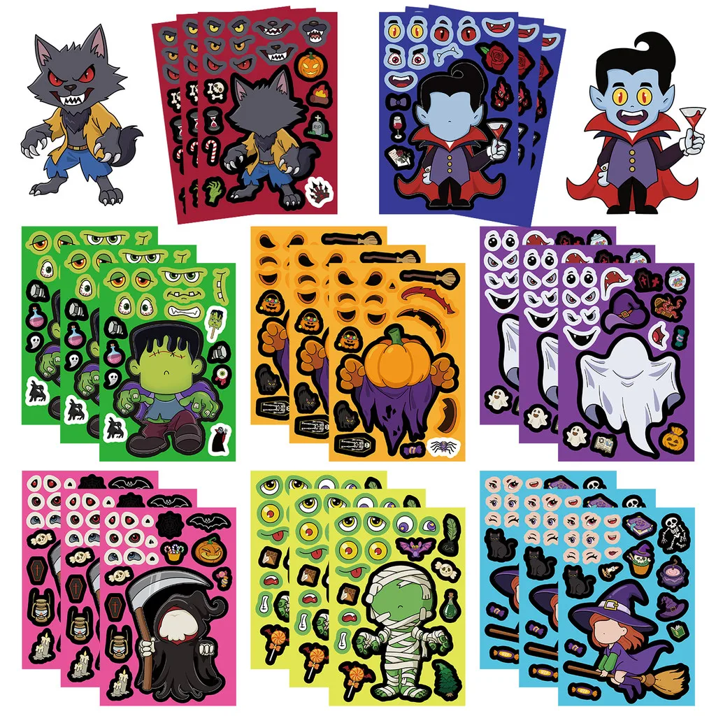 8Pcs Halloween Mix Match Face Collage Stickers, Spooky Cartoon Character Decals for Suitcase Gift Package Custom Decor