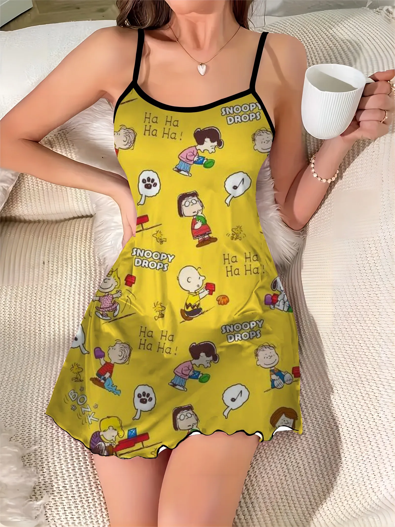 Satin Surface Home Dress Elegant Dresses for Women Pajama Skirt Snoopy Lettuce Trim Crew Neck Fashion Summer 2024 Chic Mini Sexy