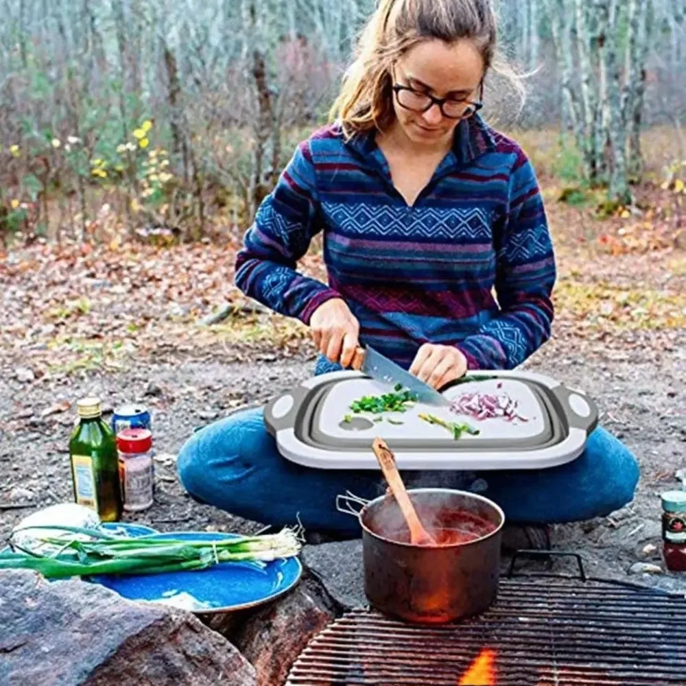 Portable Collapsible Cutting Board Space Saving with Built-in Sink Folding Wash Basin Durable 3 In 1