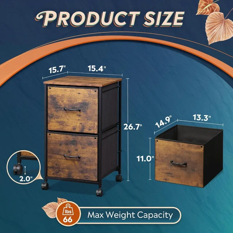 

2 Drawer Mobile File Cabinet, Rolling Printer Stand, Fabric Vertical Filing Cabinet fits A4 or Letter Size for Home Office