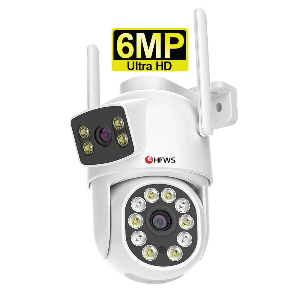 6MP dual-lens dual-screen WiFi home CCTV outdoor security camera, auto-tracking, two-way audio, cloud storage