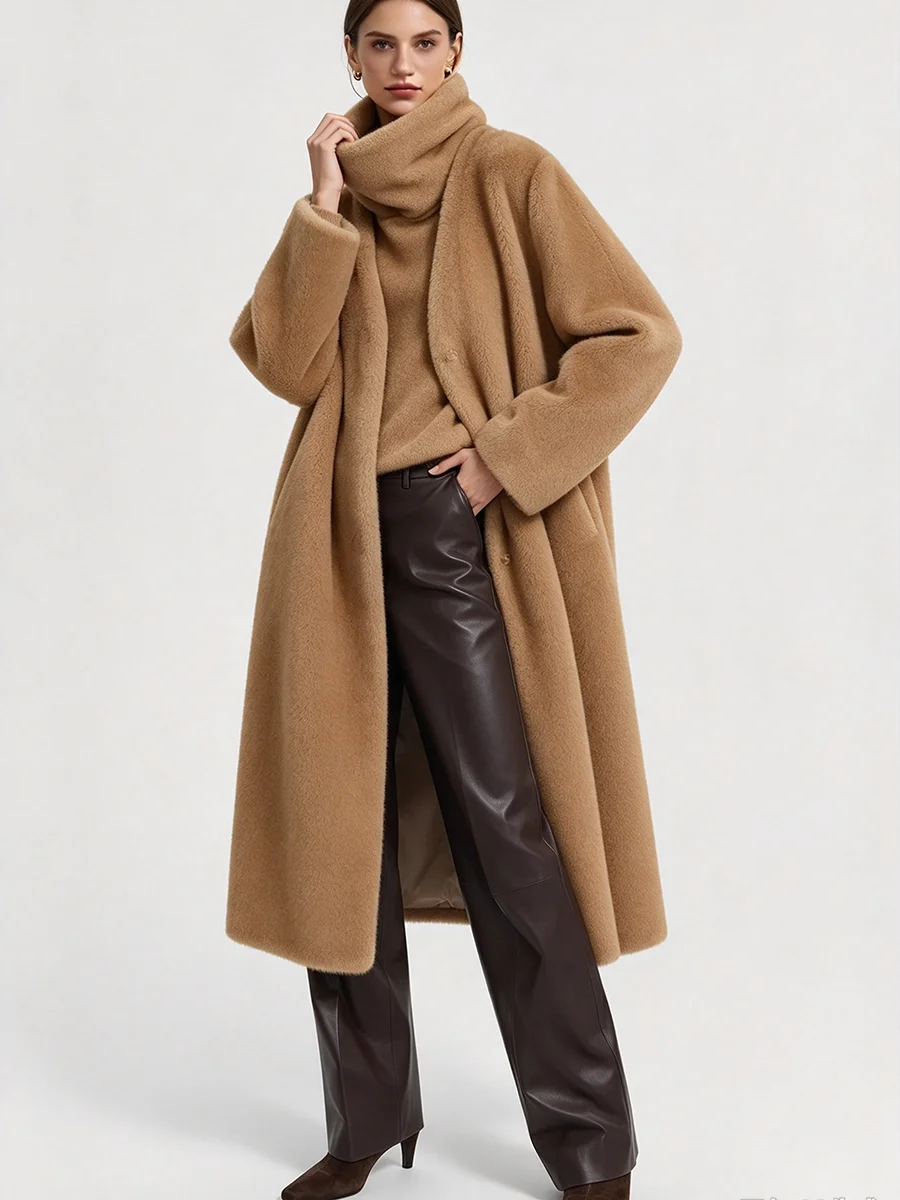 LIMO Women Faux Fur 2 Piece Set Long Open Coat + Turtleneck Wrap Shawl Winter Outfit