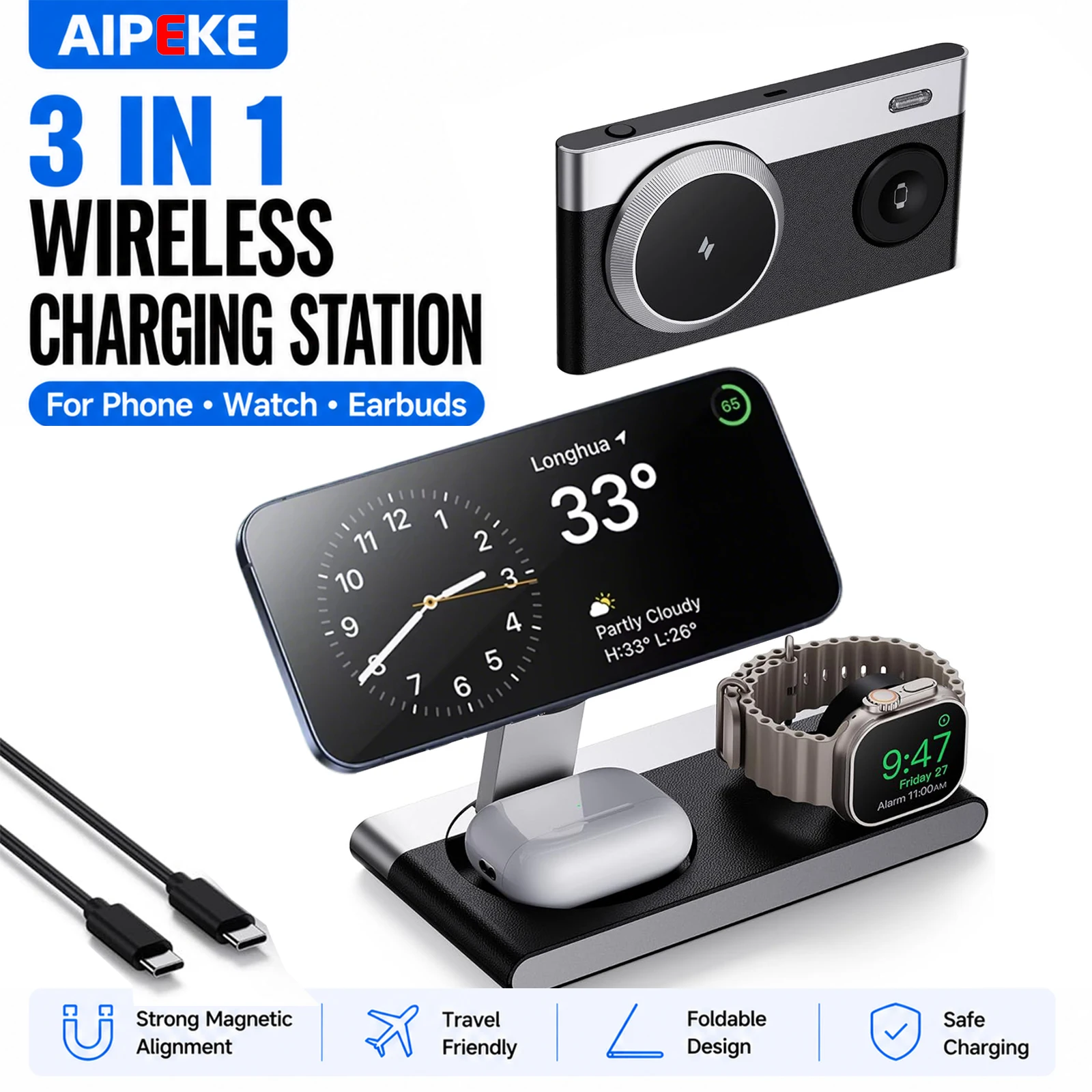 AIPEKE Caricatore wireless 4 in 1 per caricabatterie MagSafe per iPhone compatibile con iPhone 12-17/18, stazione di ricarica magnetica universale, supporto per ricarica rapida, accessori da viaggio,