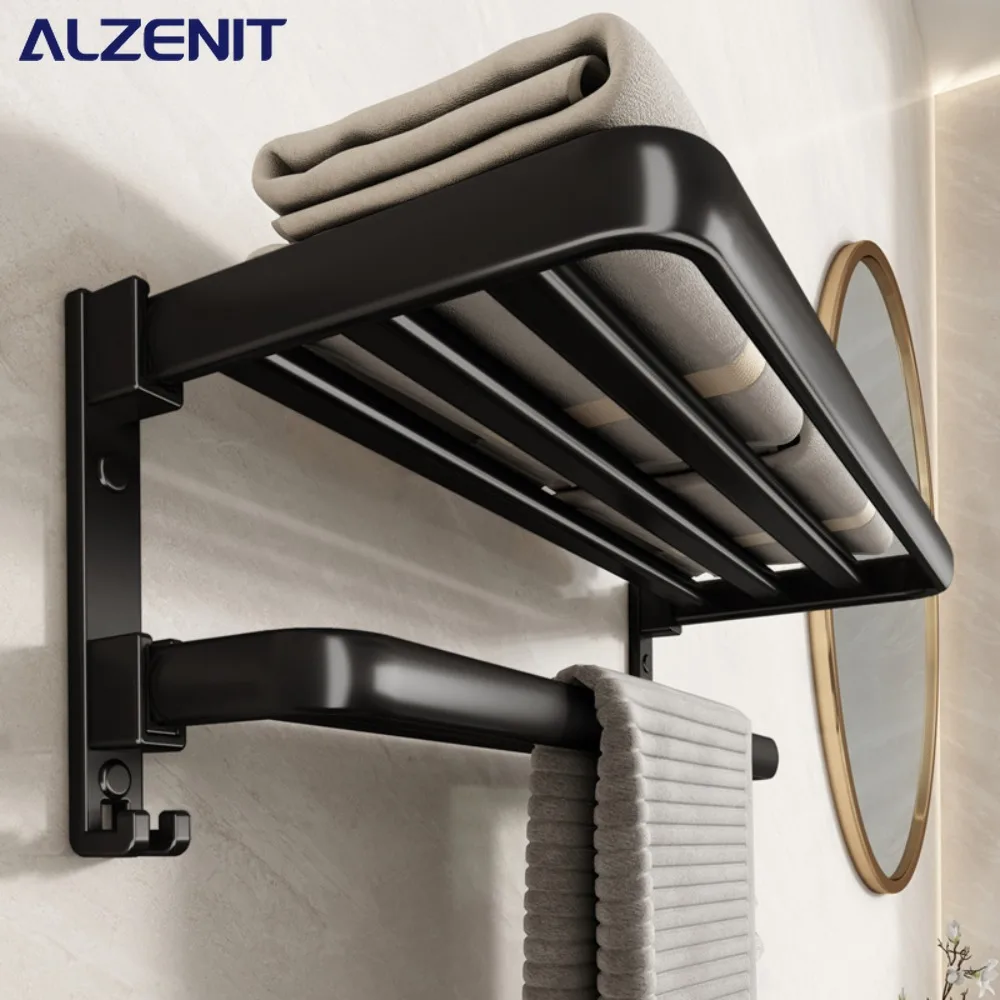 Black Towel Rack 40-60CM Double Folding Movable Bath Holder With Hook Wall Aluminum Shower Bar Hanger Rail Bathroom Accessories