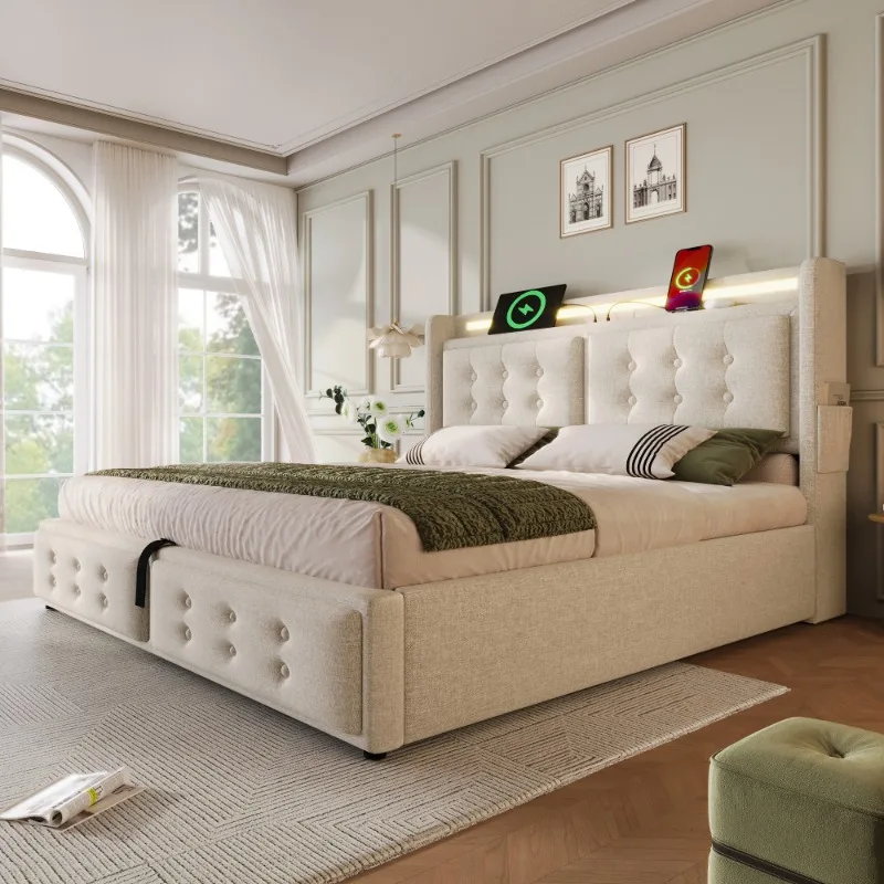 Upholstered Double Bed, 4FT6 Hydraulic Bed with LED Lighting, USB Type-C Charging, Headboard for Cellphones & Tablets, 135 x 190