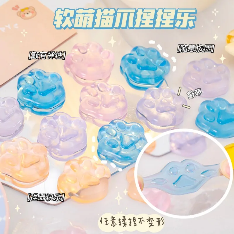 Kawaii Transparente Cat Paws Sticky Squeeze Brinquedos, Soft Quick Rebound, Geléia Realista, Glitter Ice Cube, 5 Pcs
