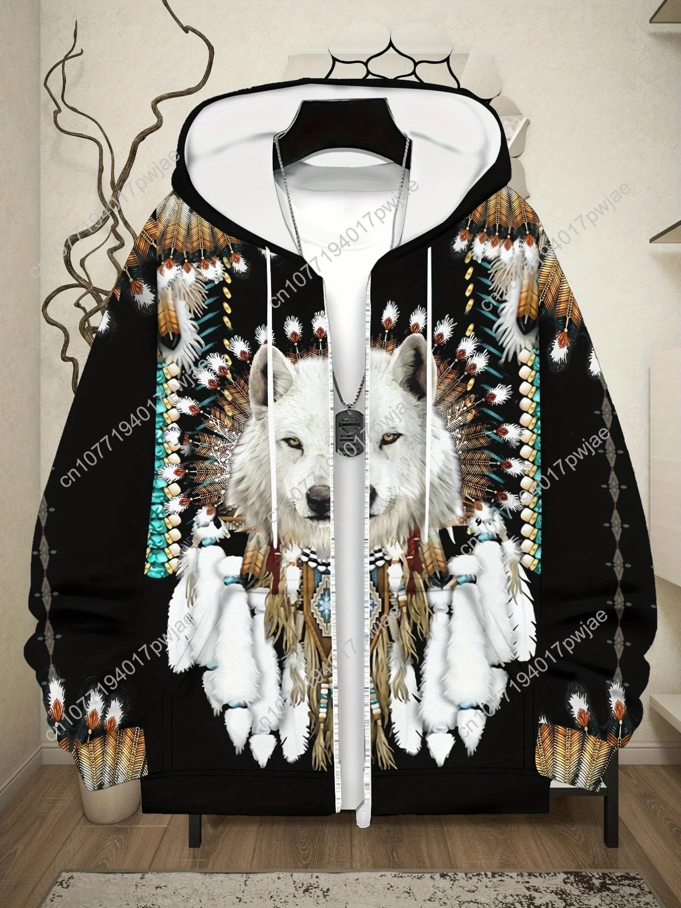 Boné masculino de manga comprida com zíper, moletom estiloso com design de lobo para atividades ao ar livre, cor preta com padrões vibrantes, assim