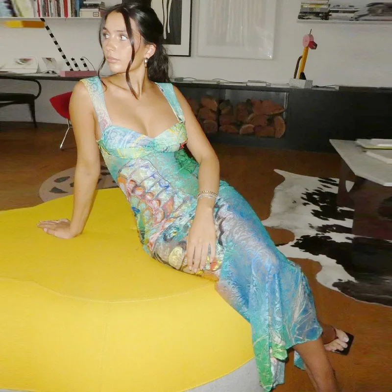 فستان الحفلات المسائية للنساء مثير Bodycon الجوف خارج الدانتيل الأخضر ماكسي زلة فساتين الملابس عطلة بوهو أنيقة مطبوعة الجلباب #2