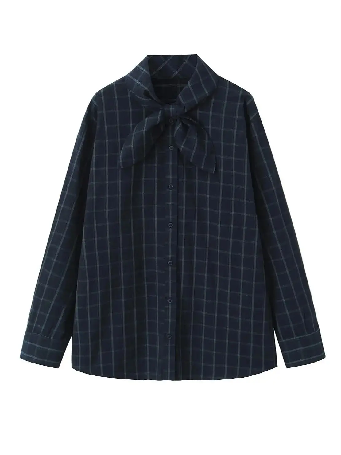EDSA Marineblauw geruit overhemd voor dames met pochet voor Office Lady All-Match tops met enkele rij knopen - afbeelding 2