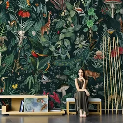 Custom wallpaper 3d Dark flower bird Southeast Asian murals Nordic watercolor elk children's room animal forest Restaurant mural