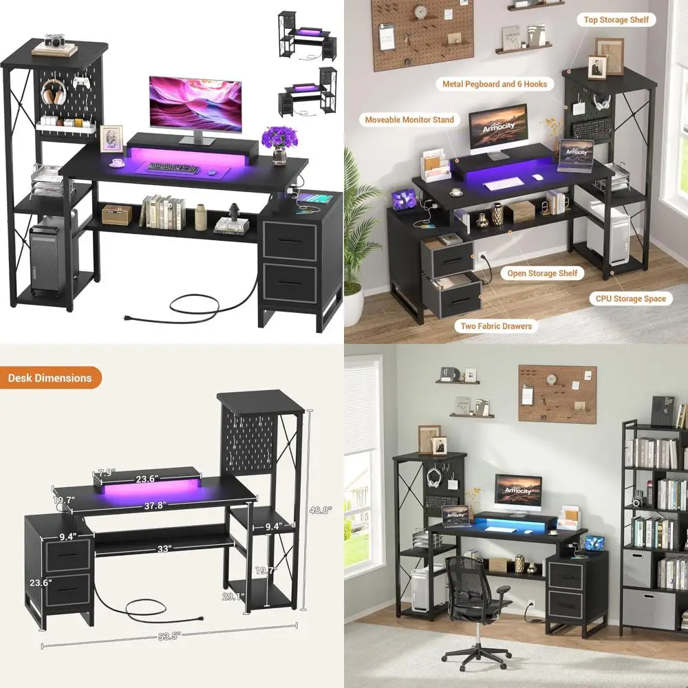 

Reversible Home Office Desk with 2 Fabric Drawers, Power Outlet, LED Lights, 53 Writing Desk for Monitor S