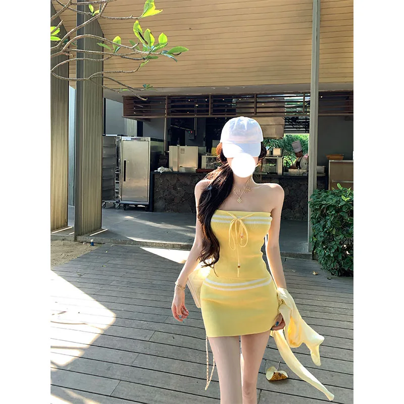 

Slimming Effect Summer 2026 Fashionable Casual Striped Tie Top with High Waist Skirt Two Piece Set Breathable Short Sleeve