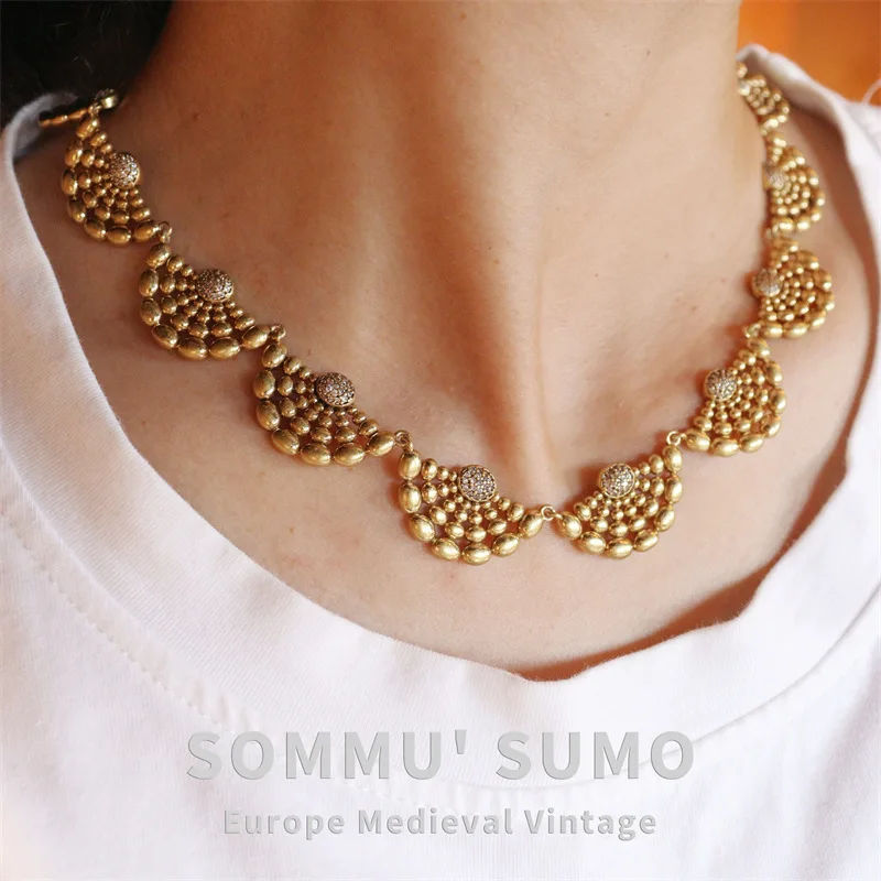 European and American Retro Old Light Luxury Fan-shaped Hollow Necklace Birthday Earrings Crystal Zircon High-end Set