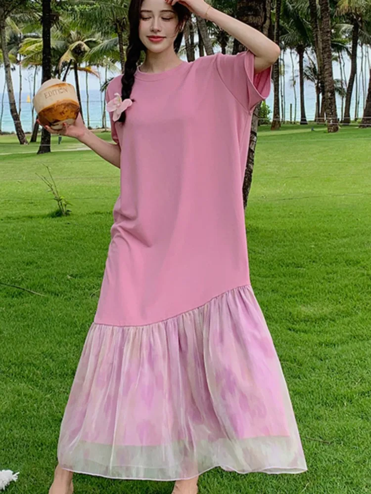Plus Size Onregelmatige T-shirt Jurk Vrouwen Zomer Roze Tie-dye Mesh Korte Mouw Jurk Vrouw Losse Dames Jurken vestidos