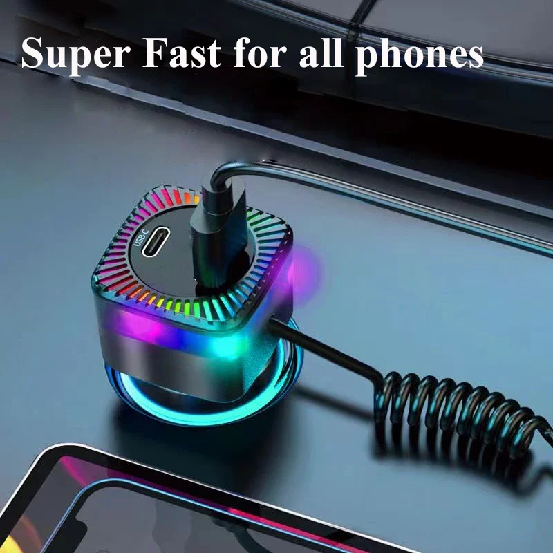 280W USB C Car Charger Adapter with Spring Cable Colorful Light PD 30W  3 in 1 Super Fast Charging for Macbook Samsung iPhone