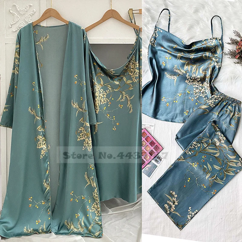 Spring Summer Female Pajama Four Piece Set Trouser Suits Print Flower Satin Kimono Bathrobe Gown Sleepwear Loose Casual Homewear