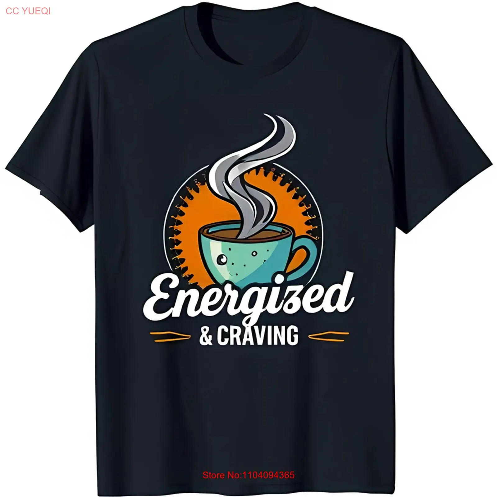 Black T-Shirt with Coffee Cup Graphic 'Energized & Craving' Design