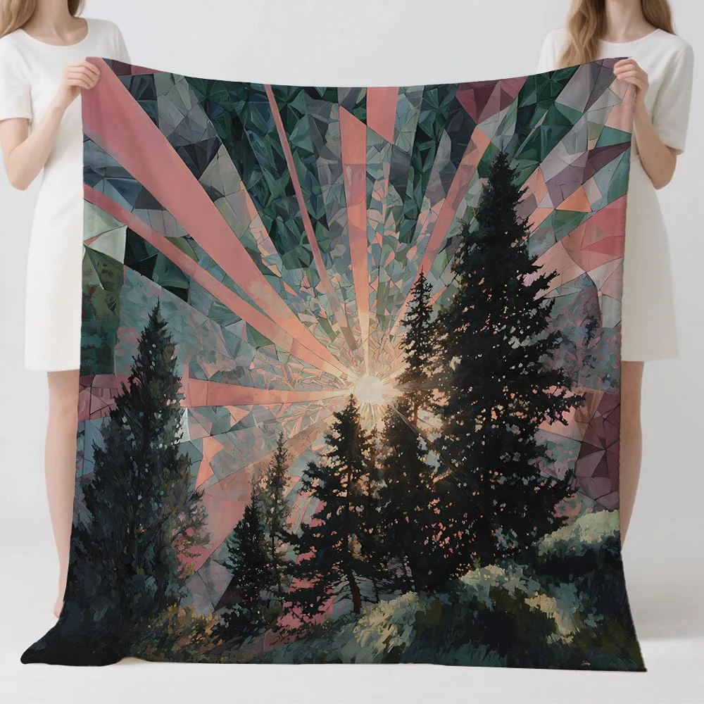 Geometric Pine Forest Blanket Sunburst Tree Mountain Throw Blankets Soft Cozy Fleece for Bed Couch Camping Gift