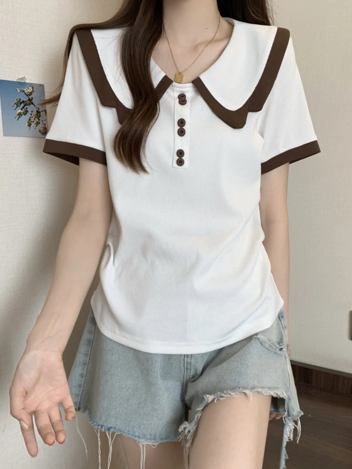 Cute Collar Short Sleeve T-Shirt Women's Summer Fashion plus Size Conceals Belly Slimming Beautiful Korean Style Top