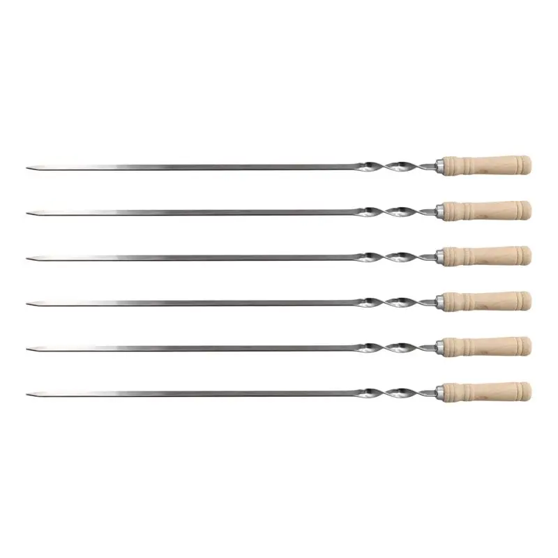 6Pcs 55Cm BBQ Skewers Long Handle Shish Kebab Barbecue Grill Stick Wood BBQ Fork Stainless Steel Outdoors Grill Needle Top-Rated