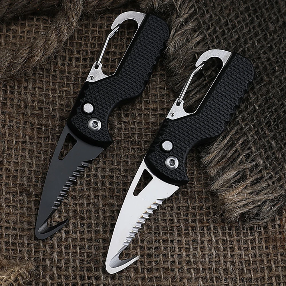 Portable Multifunctional Tool Knife Foldable Serrated Sharp Express Parcel Knife Keychain With Hook Cut Rope Survival Tool