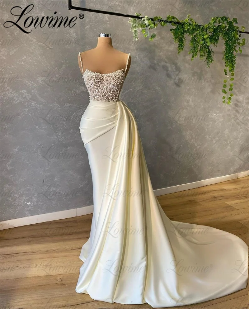 Elegant Pearls Beading Party Dresses Satin Long Ivory Evening Gowns 2023 Mermaid Arabic Prom Dress Customized Celebrity Dresses