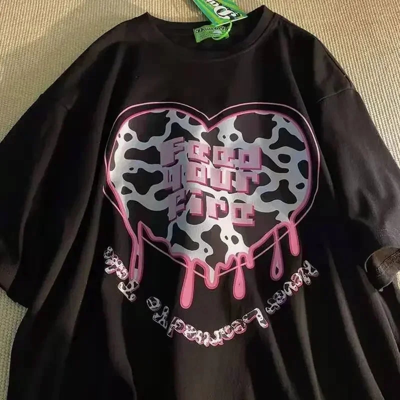 الأمريكية الحب إلكتروني طباعة تي شيرت الصيف النساء لطيف القلب قصيرة الأكمام الجرافيك Harajuku تي شيرت غير رسمي Harajuku تيز القمم