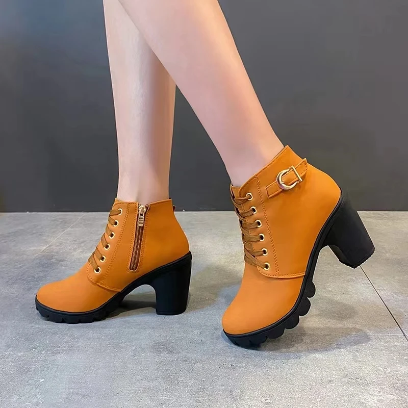 Pumps Boots Thick Heel Women\'s Shoes 2024 New Spring Heels Boots Side Zip Pu Leather Ladies Shoe Cross Straps Ladies Short Boots