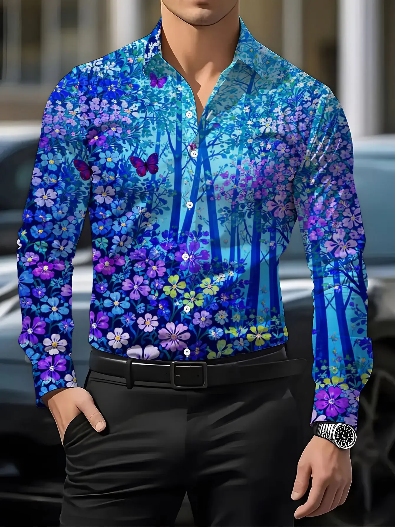 2026 Men Long Sleeve Shirt Vibrant Floral Butterfly Forest Print Button Down Casual Daily Holiday Party Wear Tops Men's Clothing