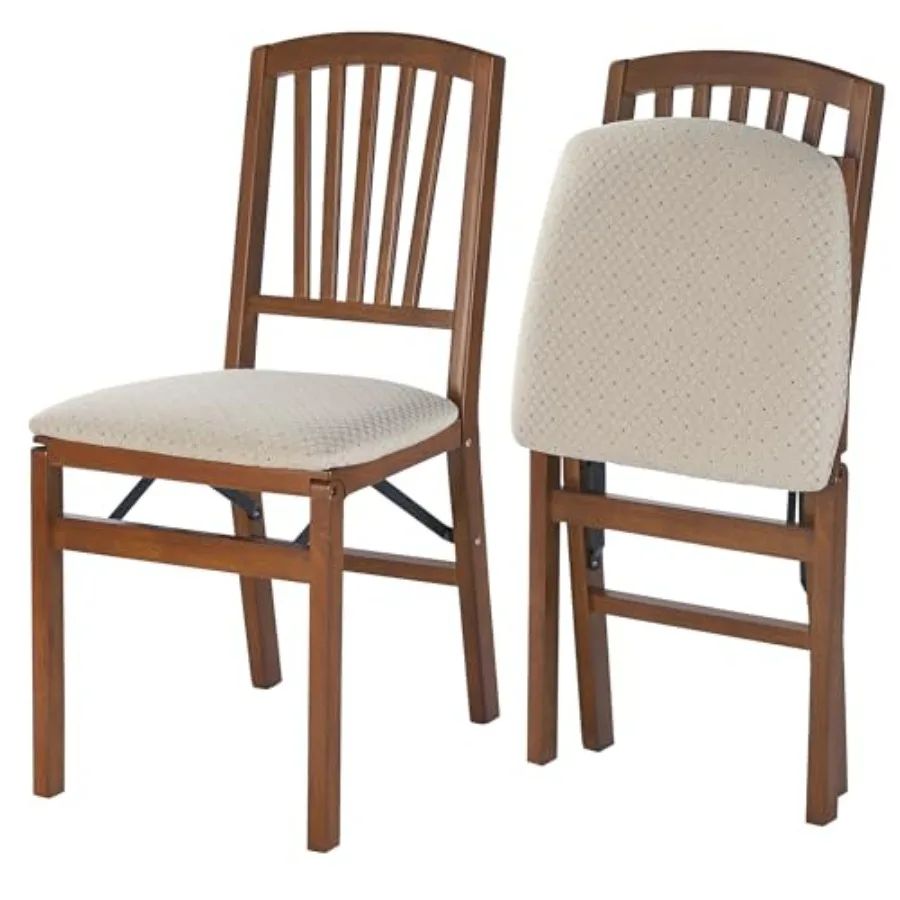 Dining chairs with slat back and padded seats fruitwood frame beige upholstery steel folding mechanism for space-saving use