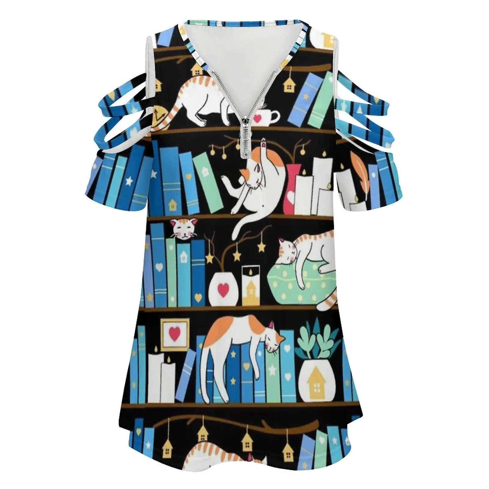 Library Cats-Turquoise Morning New Fashion Zip Off Shoulder Top Short-Sleeve Women Shirt Animal Black Book Bookshelf Bookworm