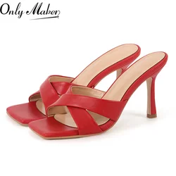 Onlymaker Women Red Square Toe Mules 9.5CM Thin Heel Open Toe Big Size Stiletto Sandals