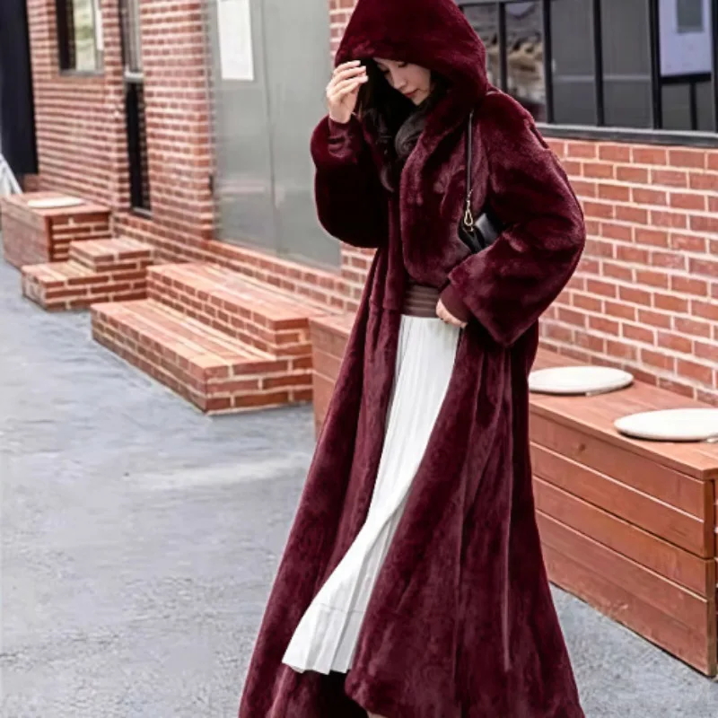 Luxury Brand Fluffy Long Fur Coat Winter Woman Faux Fur Jacket Hooded Soft Warm Coat Over-the-knee Fur Coats High Quality Tops