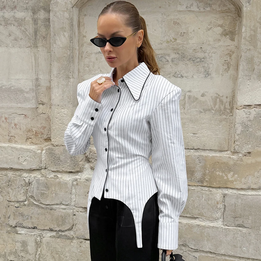 Women Striped Shirt Cotton Padded Shoulder Tie Waist Long Sleeve Office Blouse Irregular Hem Commuter Top Slimming Chic Elegant