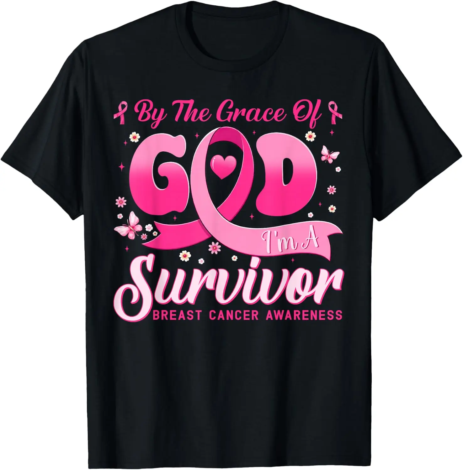 By The Grace God I'm A Survivor Breast Cancer Shirts Women T-Shirt Halloween Loose-Fit Pure Cotton Short-Sleeve Top – Stylish, Breathable, Plus-Size – Christmas Gift