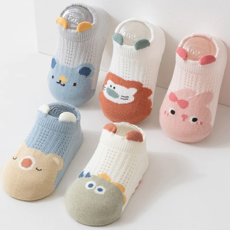 3 Pairs Anti-Slip Baby Floor Socks with Cute Animal Patterns Cotton Mesh Breathable Newborn Toddler Socks for Infants 0-3 Years